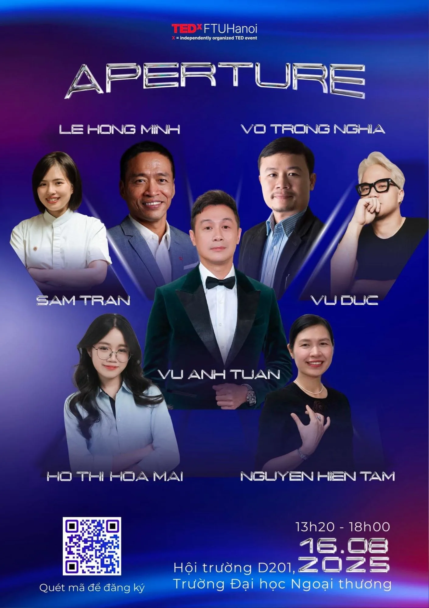 Official TEDx FTUHanoi 2025 Aperture poster showing all seven speakers