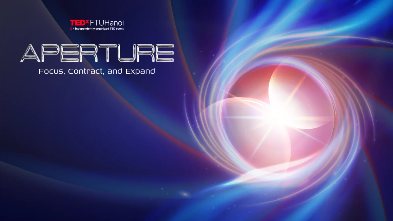 The finished Aperture key art: the six-blade iris rendered as a burst of blue and red light, with the chrome APERTURE wordmark and the line Focus, Contract, and Expand