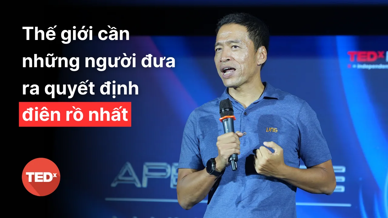 Lê Hồng Minh on stage at TEDx FTUHanoi 2025