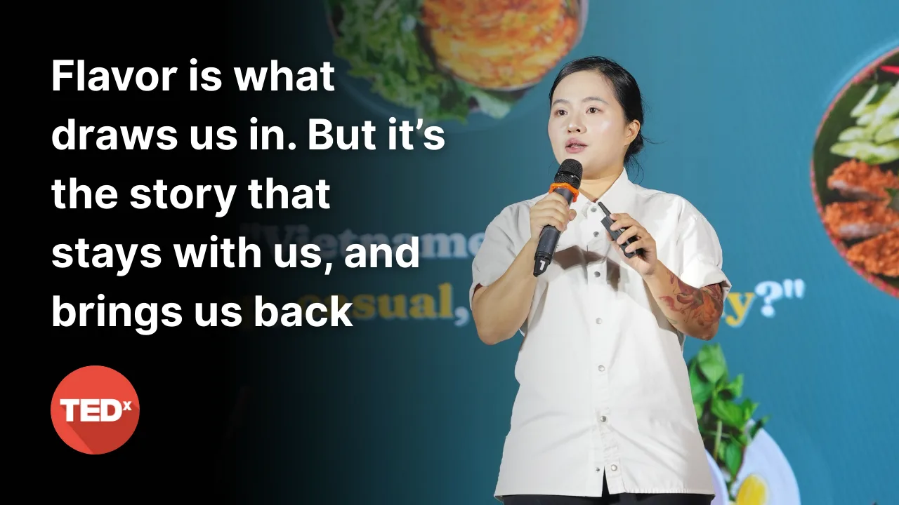 Sam Trần on stage at TEDx FTUHanoi 2025
